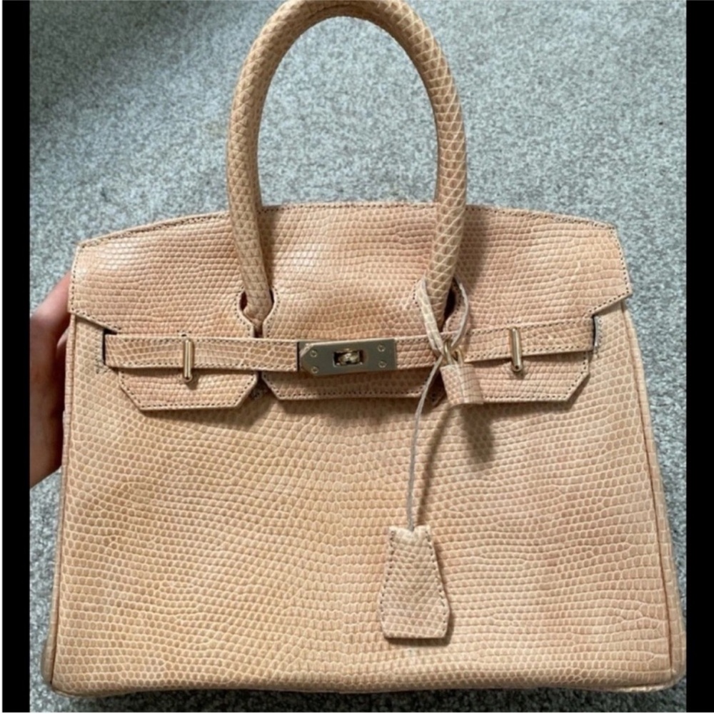 Genuine exotic lizard leather blush nude pink top handle handbag 30cm bk30